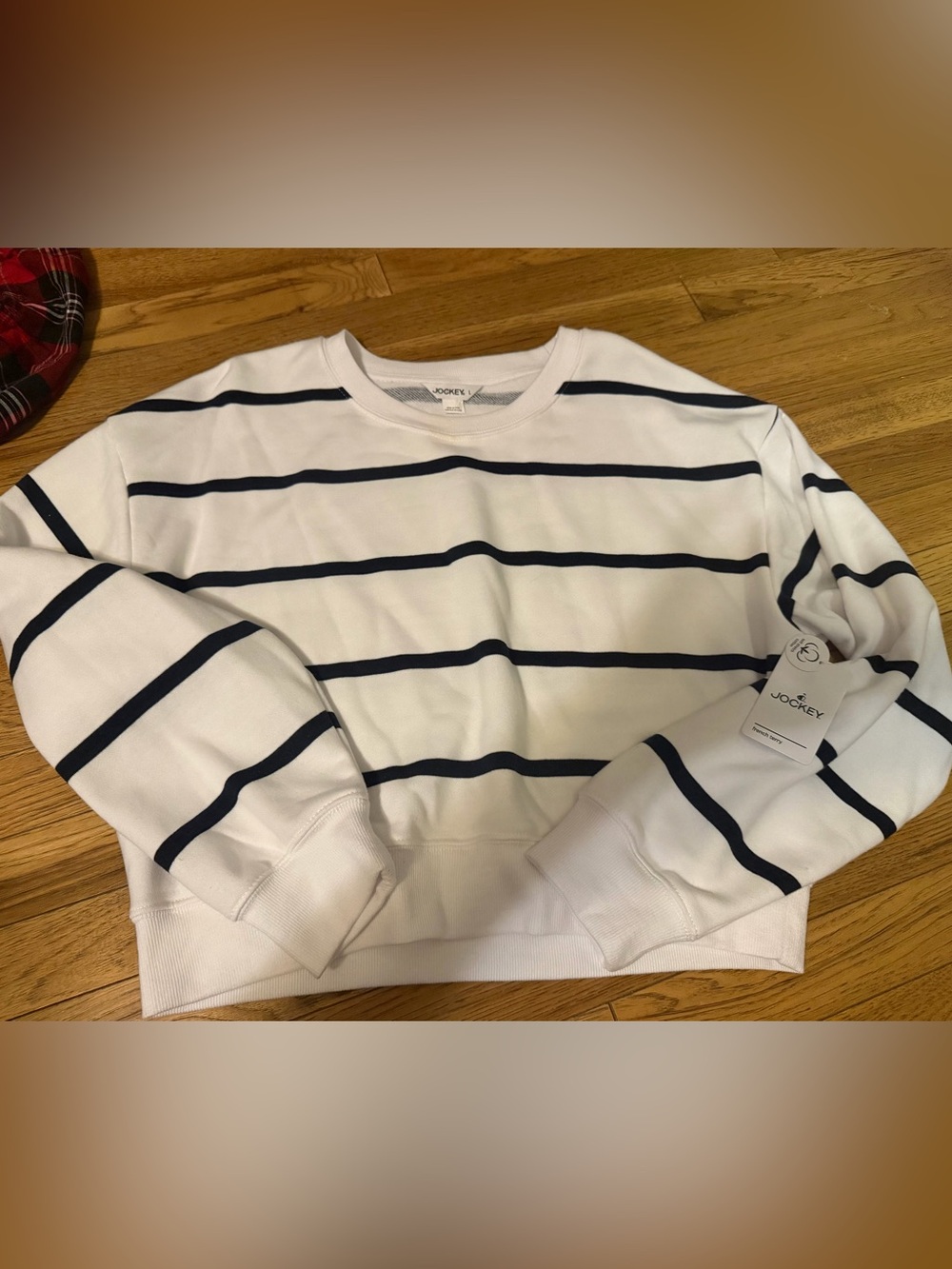 Jockey White Crewneck Sweater with Navy Stripes